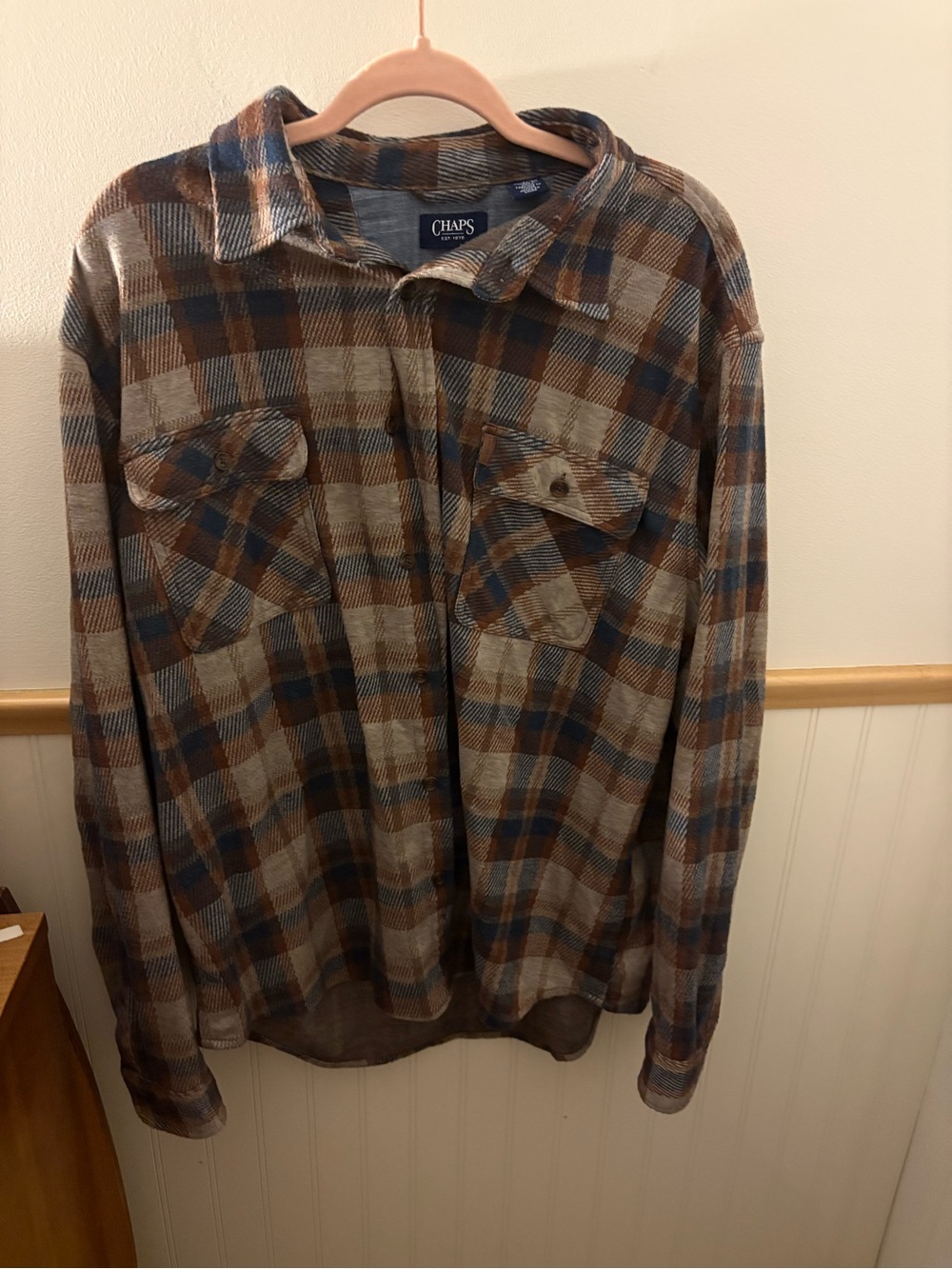 Chaps Men’s Brown Blue Plaid Flannel Shirt Jacket Shacket XL